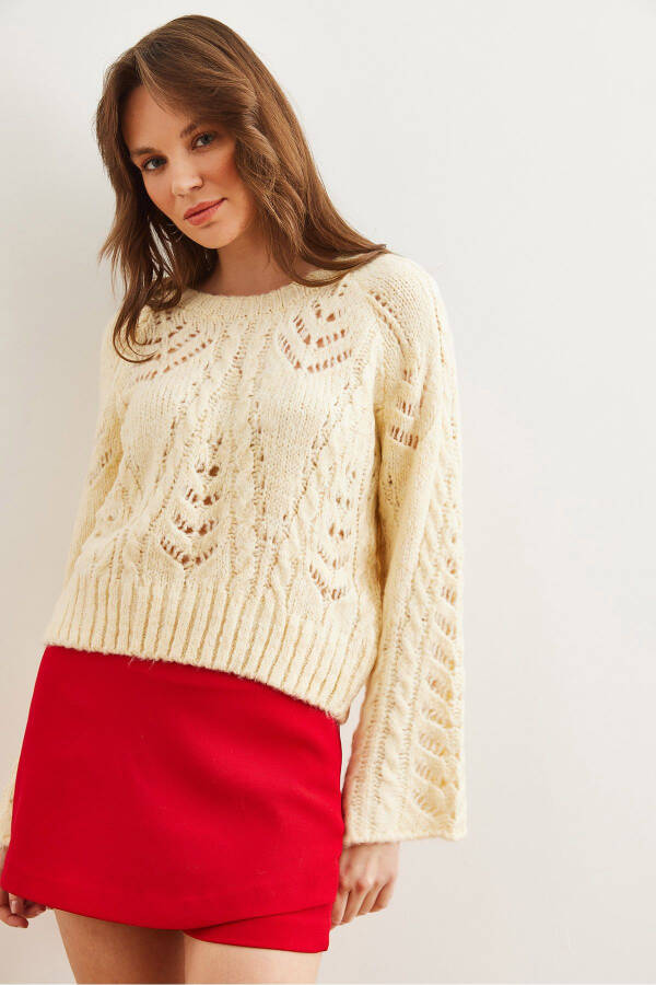 Women's Cream Openwork Soft Texture Spanish Sleeve Sweater KZK-19000938 - 3