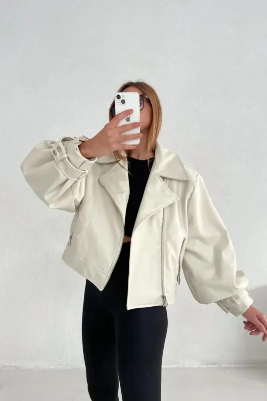 Women's Cream Oversize Leather Jacket-Cream - 1