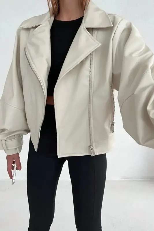 Women's Cream Oversize Leather Jacket-Cream - 3