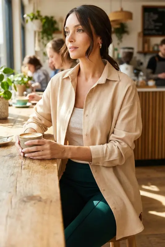 Women's Cream Oversize Long Basic Shirt ARM-22Y00111 - 1