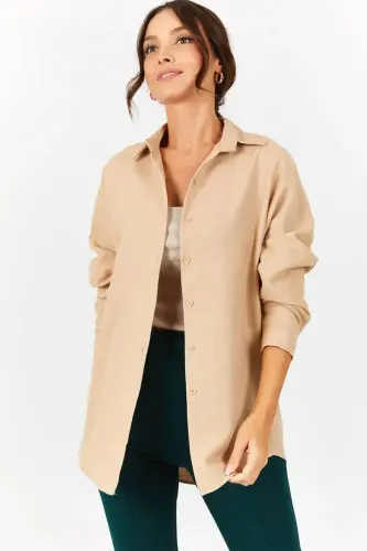 Women's Cream Oversize Long Basic Shirt ARM-22Y00111 - ARMONIKA (1)