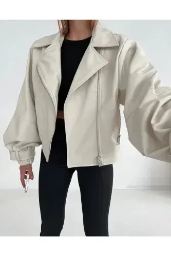 Women's Cream Oversized Leather Jacket - GENEL MARKALAR (1)