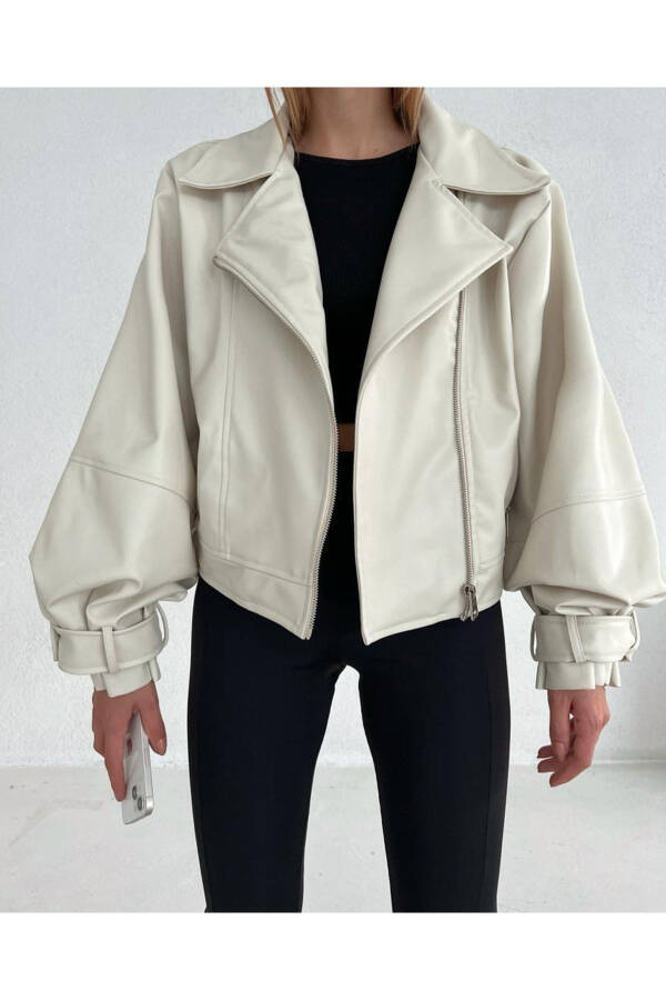 Women's Cream Oversized Leather Jacket - 3