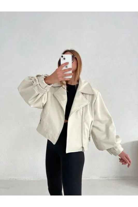 Women's Cream Oversized Leather Jacket - LALELI BUTIK