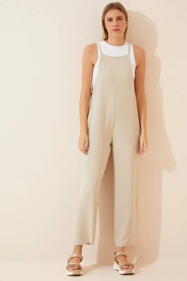 Women's Cream Pocketed Gardener Dungarees DD00910 - 1