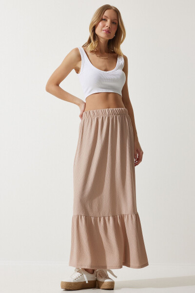 Women's Cream Ruffle Summer Midi Skirt DD01231 - HAPPINESS İSTANBUL