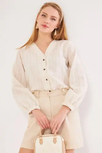 Women's Cream Sleeveless Rubberized Blouse ARM-24K00 - 1