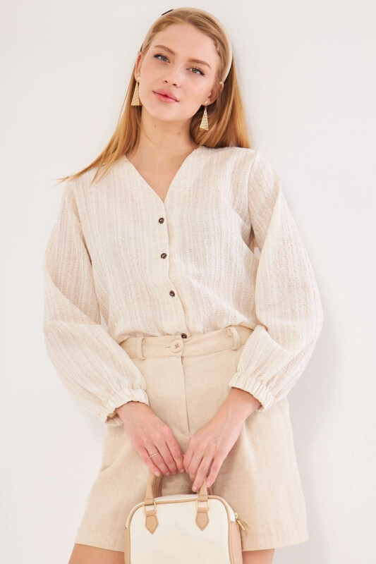 Women's Cream Sleeveless Rubberized Blouse ARM-24K00 - ARMONIKA