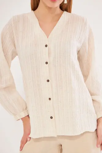 Women's Cream Sleeveless Rubberized Blouse ARM-24K00 - ARMONIKA (1)