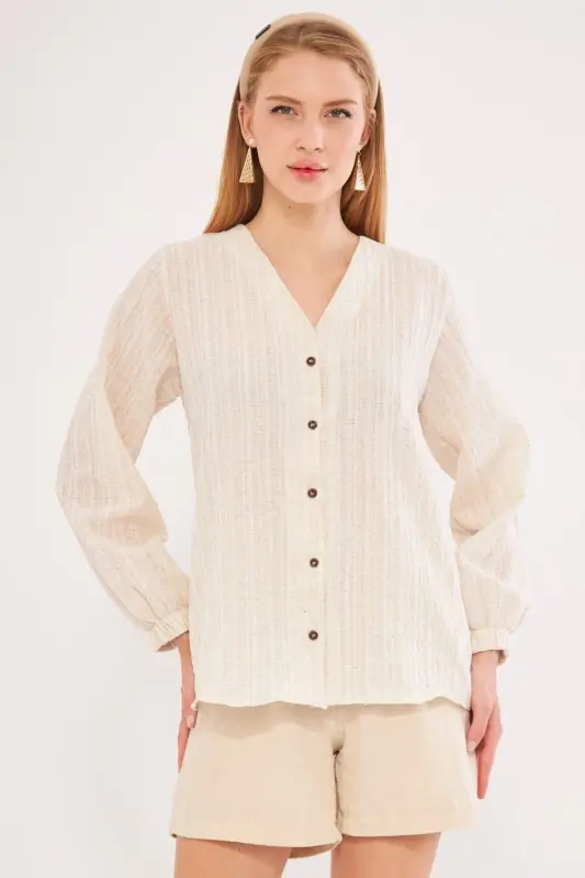 Women's Cream Sleeveless Rubberized Blouse ARM-24K00 - 3