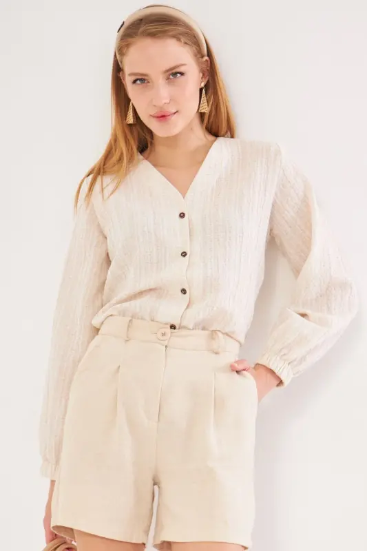 Women's Cream Sleeveless Rubberized Blouse ARM-24K00 - 5