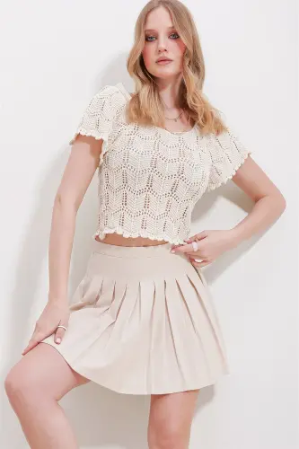Women's Cream Square Neck Lace Knit Blouse ALC-X11555 - 5