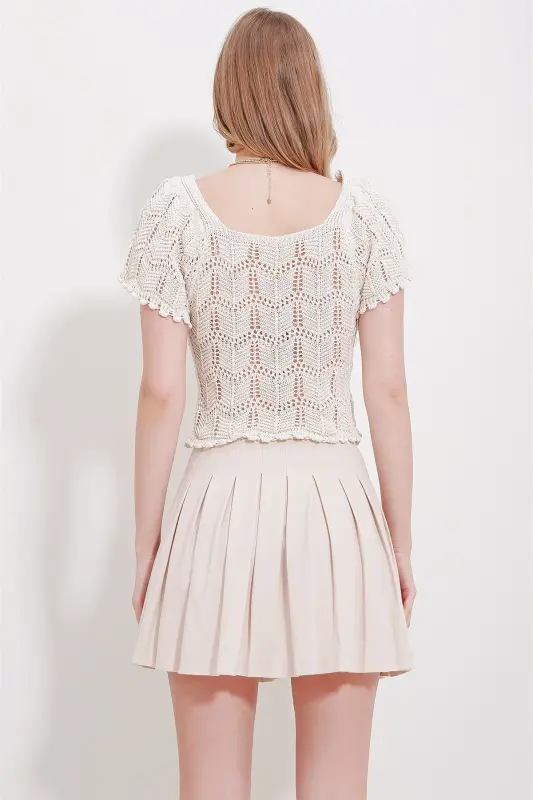 Women's Cream Square Neck Lace Knit Blouse ALC-X11555 - 6
