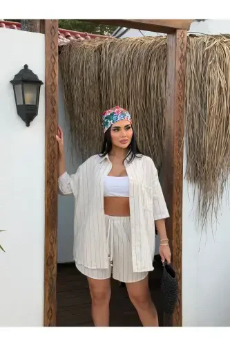 Women's Cream Striped Linen Oversize Shirt Shorts Set - 3