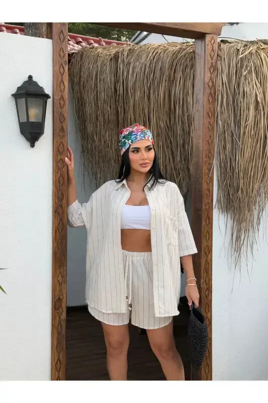 Women's Cream Striped Linen Oversize Shirt Shorts Set - 3