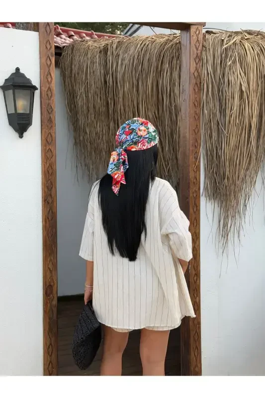 Women's Cream Striped Linen Oversize Shirt Shorts Set - 5