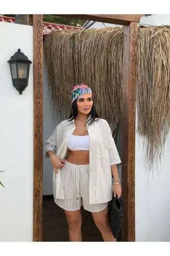 Women's Cream Striped Linen Oversize Shirt Shorts Set - 6