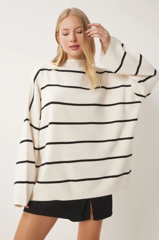 Women's Cream Striped Oversize Long Knitted Sweater YY00087-Cream - 1