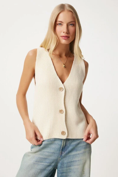 Women's Cream V-Neck Knitted Vest YY00221 - HAPPINESS İSTANBUL