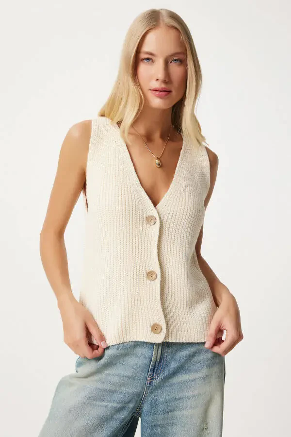 Women's Cream V-Neck Knitted Vest YY00221 - 1