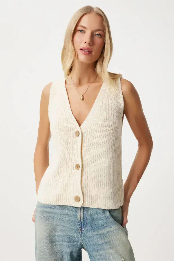 Women's Cream V-Neck Knitted Vest YY00221 - 3