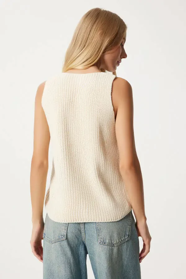 Women's Cream V-Neck Knitted Vest YY00221 - 5