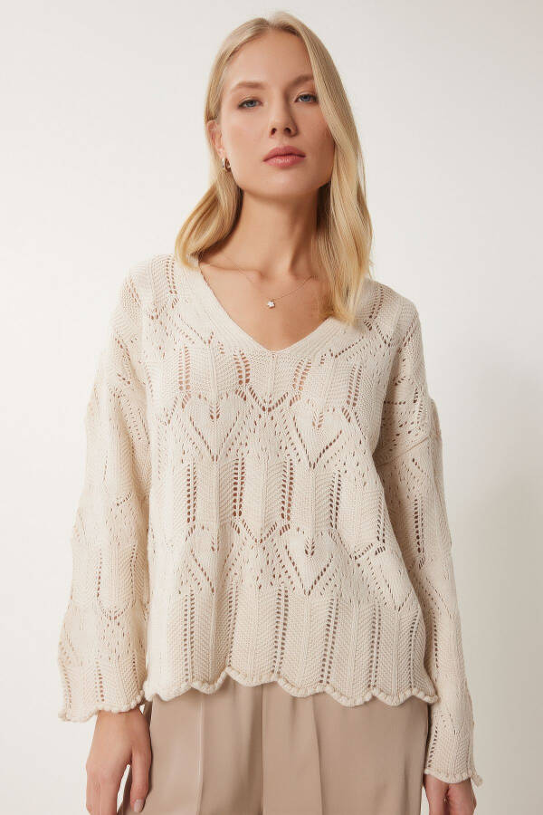 Women's Cream V-Neck Openwork Knitted Sweater PN00079 - 2