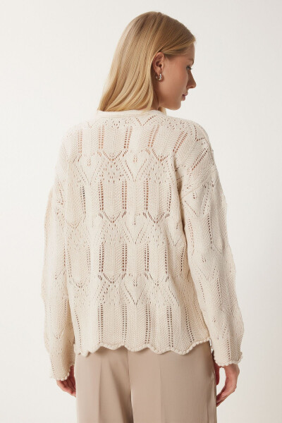 Women's Cream V-Neck Openwork Knitted Sweater PN00079 - 5