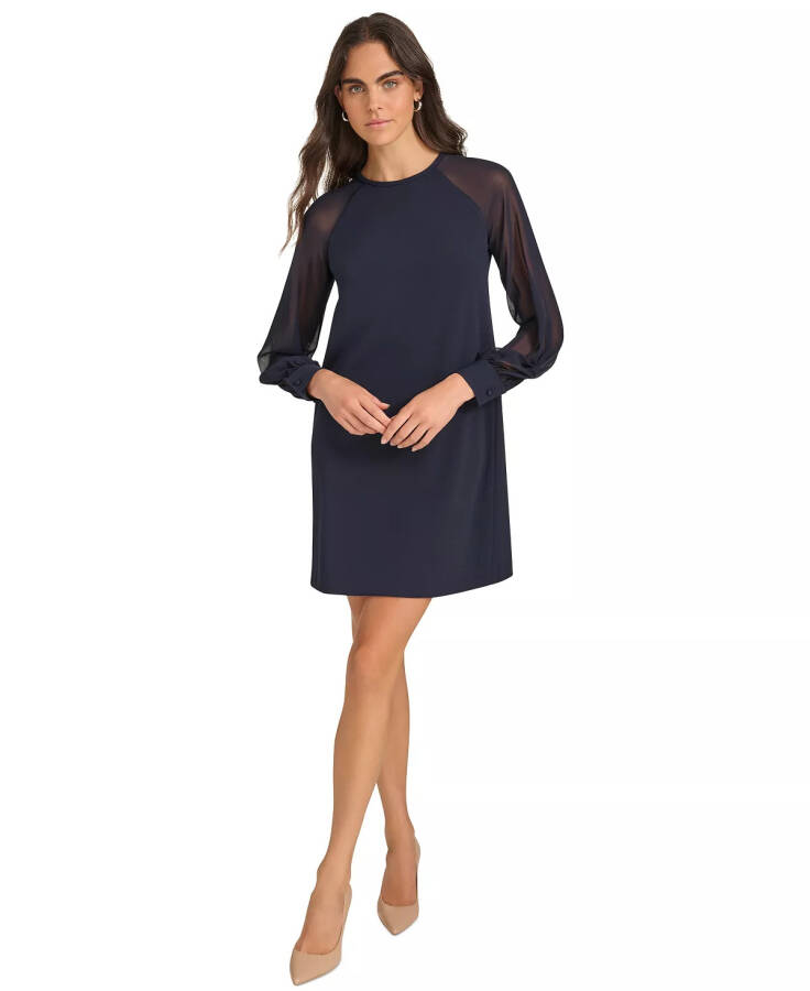 Women's Crepe Chiffon-Sleeve Shift Dress Indigo - 1