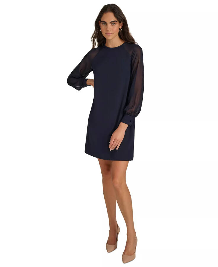 Women's Crepe Chiffon-Sleeve Shift Dress Indigo - 9