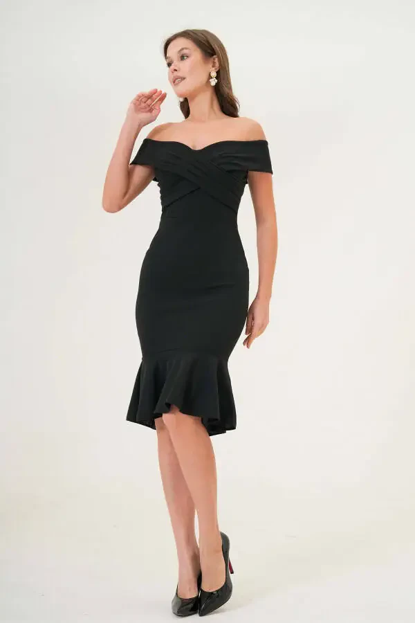 Women's Crepe Fabric Cross-Neck Back Zippered Ruffled Slim Fit Black Evening Dress 2870 - 1