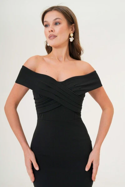 Women's Crepe Fabric Cross-Neck Back Zippered Ruffled Slim Fit Black Evening Dress 2870 - 2