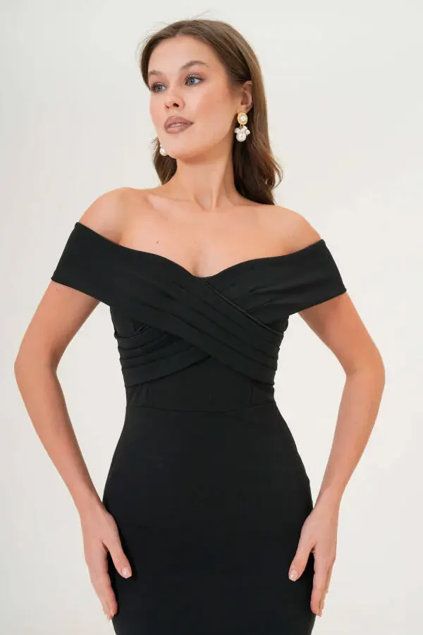 Women's Crepe Fabric Cross-Neck Back Zippered Ruffled Slim Fit Black Evening Dress 2870 - 2