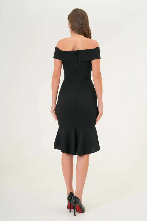 Women's Crepe Fabric Cross-Neck Back Zippered Ruffled Slim Fit Black Evening Dress 2870 - 3