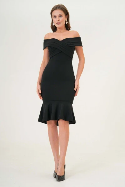 Women's Crepe Fabric Cross-Neck Back Zippered Ruffled Slim Fit Black Evening Dress 2870 - 4