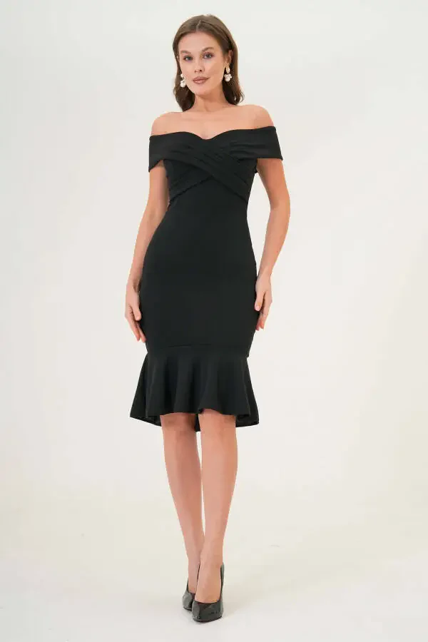 Women's Crepe Fabric Cross-Neck Back Zippered Ruffled Slim Fit Black Evening Dress 2870 - 4