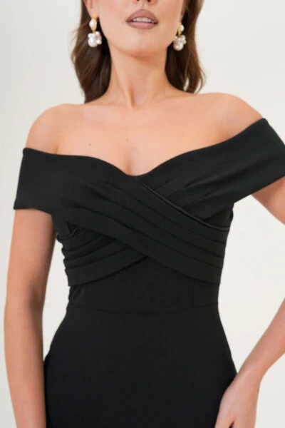 Women's Crepe Fabric Cross-Neck Back Zippered Ruffled Slim Fit Black Evening Dress 2870 - 5