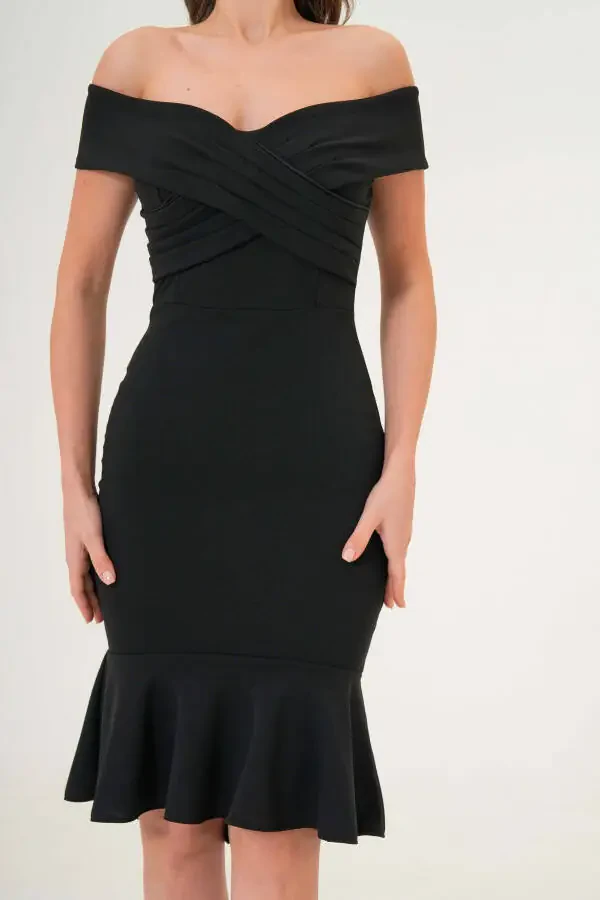 Women's Crepe Fabric Cross-Neck Back Zippered Ruffled Slim Fit Black Evening Dress 2870 - 6