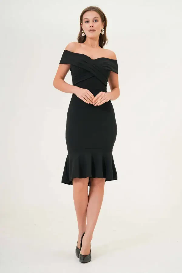 Women's Crepe Fabric Cross-Neck Back Zippered Ruffled Slim Fit Black Evening Dress 2870 - 7