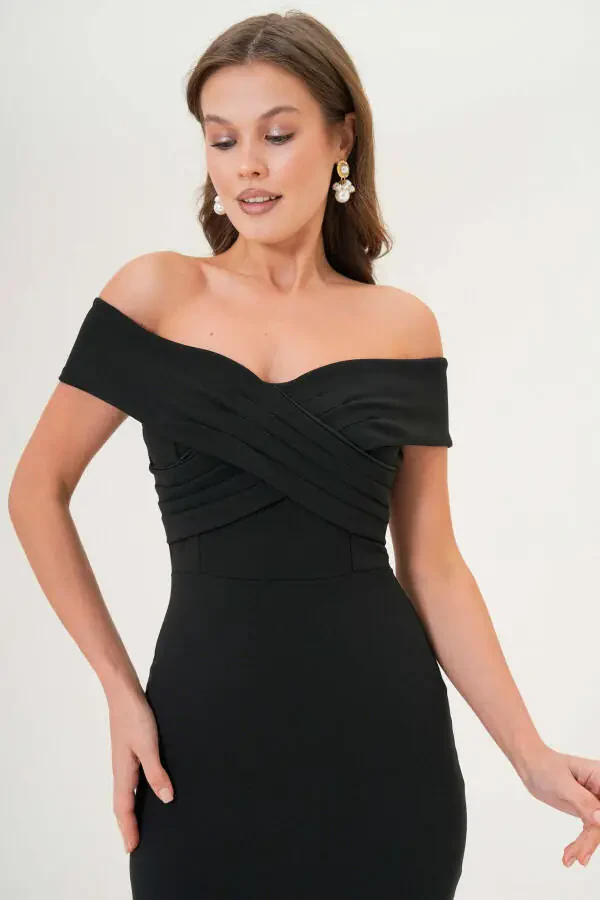 Women's Crepe Fabric Cross-Neck Back Zippered Ruffled Slim Fit Black Evening Dress 2870 - 8