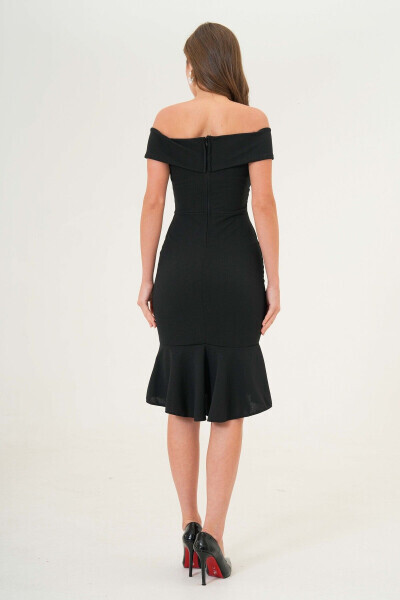 Women's Crepe Fabric Cross-Neck Back Zippered Ruffled Slim Fit Black Evening Dress 2870 - 3