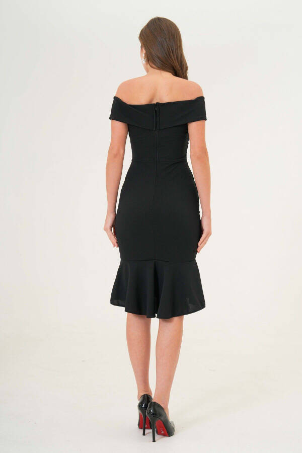 Women's Crepe Fabric Cross-Neck Back Zippered Ruffled Slim Fit Black Evening Dress 2870 - 3