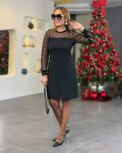 Women's Crepe Fabric Dress with Flock Detail - 4