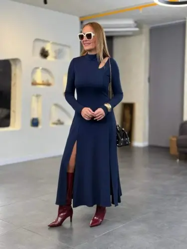 Women's Crew Neck Drop Detailed Slit Long Viscose Two Thread Maxi Dress - 1