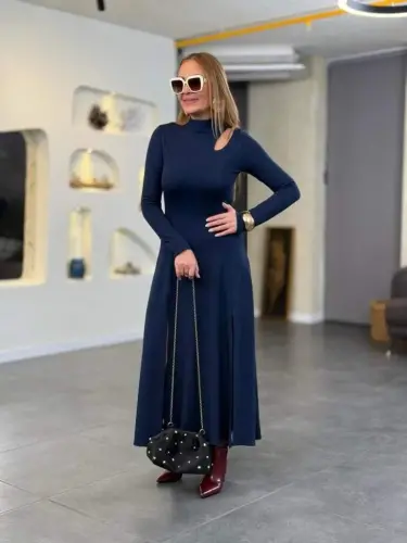 Women's Crew Neck Drop Detailed Slit Long Viscose Two Thread Maxi Dress - BÜYÜKBEDENIZ (1)