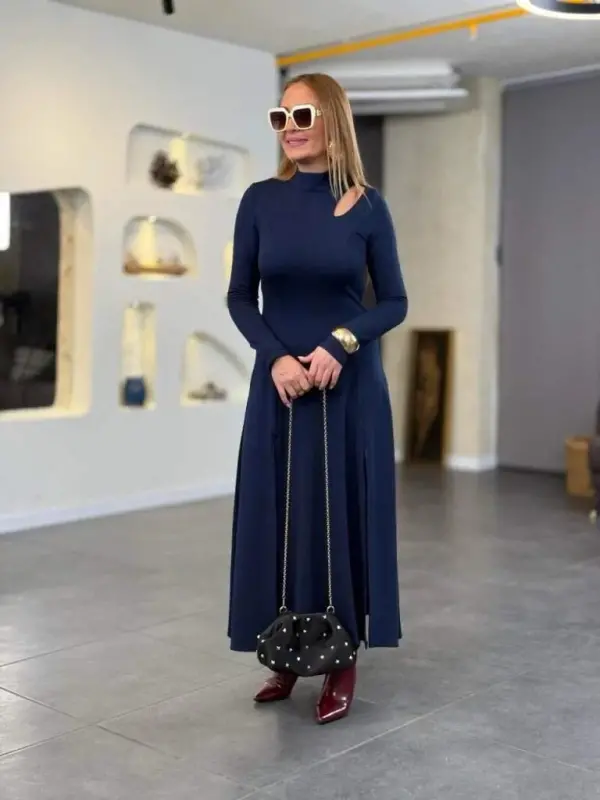 Women's Crew Neck Drop Detailed Slit Long Viscose Two Thread Maxi Dress - 3