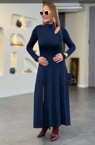 Women's Crew Neck Drop Detailed Slit Long Viscose Two Thread Maxi Dress - 5