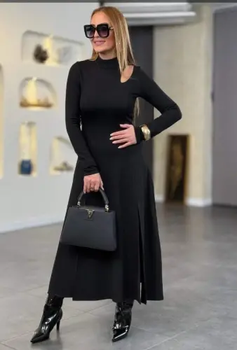 Women's Crew Neck Drop Detailed Slit Long Viscose Two Thread Maxi Dress - 1