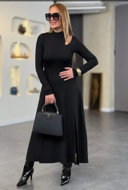 Women's Crew Neck Drop Detailed Slit Long Viscose Two Thread Maxi Dress - 1