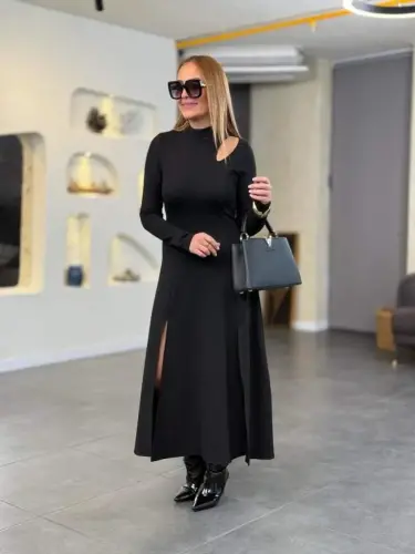 Women's Crew Neck Drop Detailed Slit Long Viscose Two Thread Maxi Dress - 2